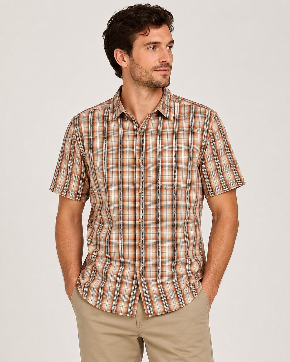 G.H. Bass Earth Men's M Rust Tan Plaid Short Sleeve Button Down Shirt